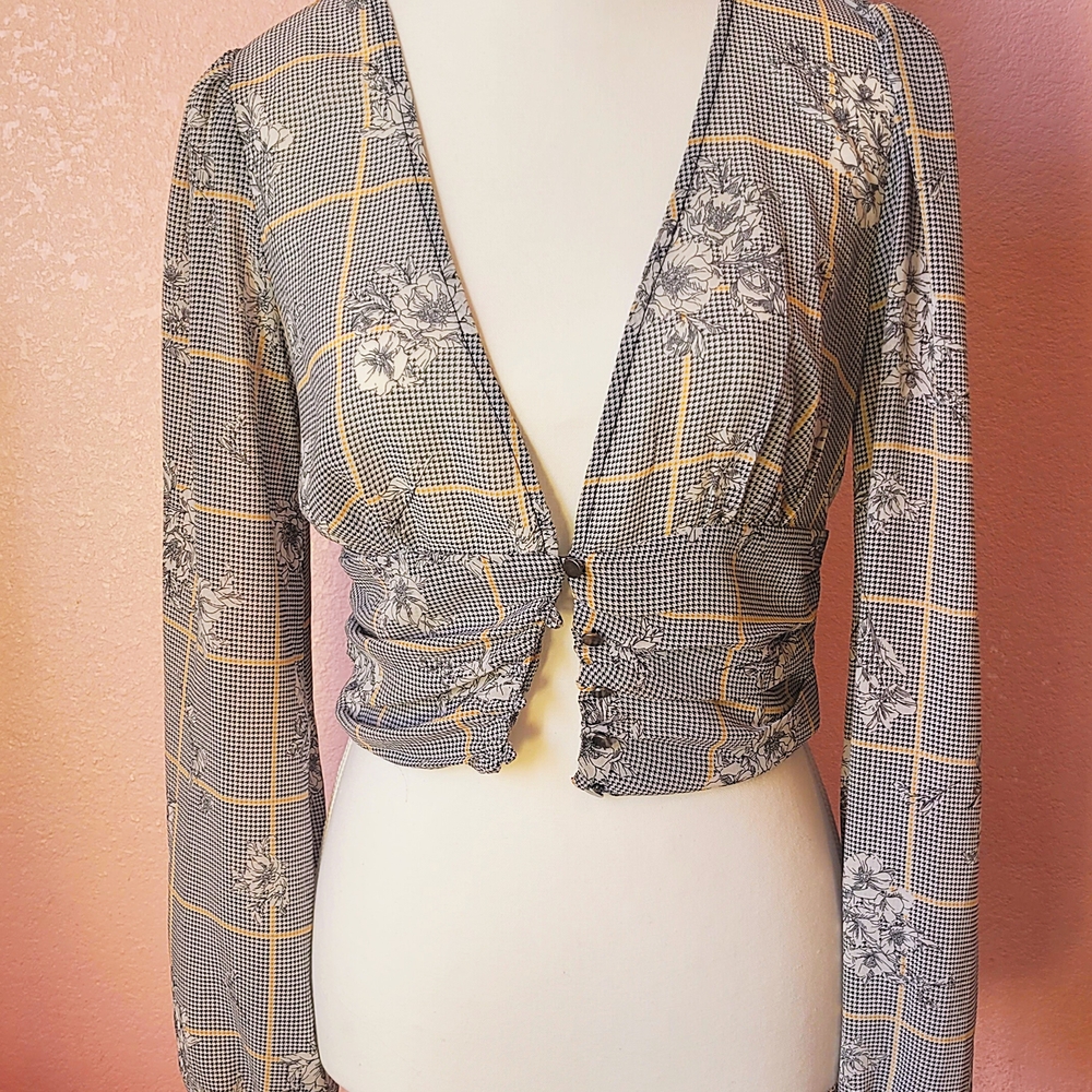 Forever 21 Black and Gray Floral Checkered Blouse